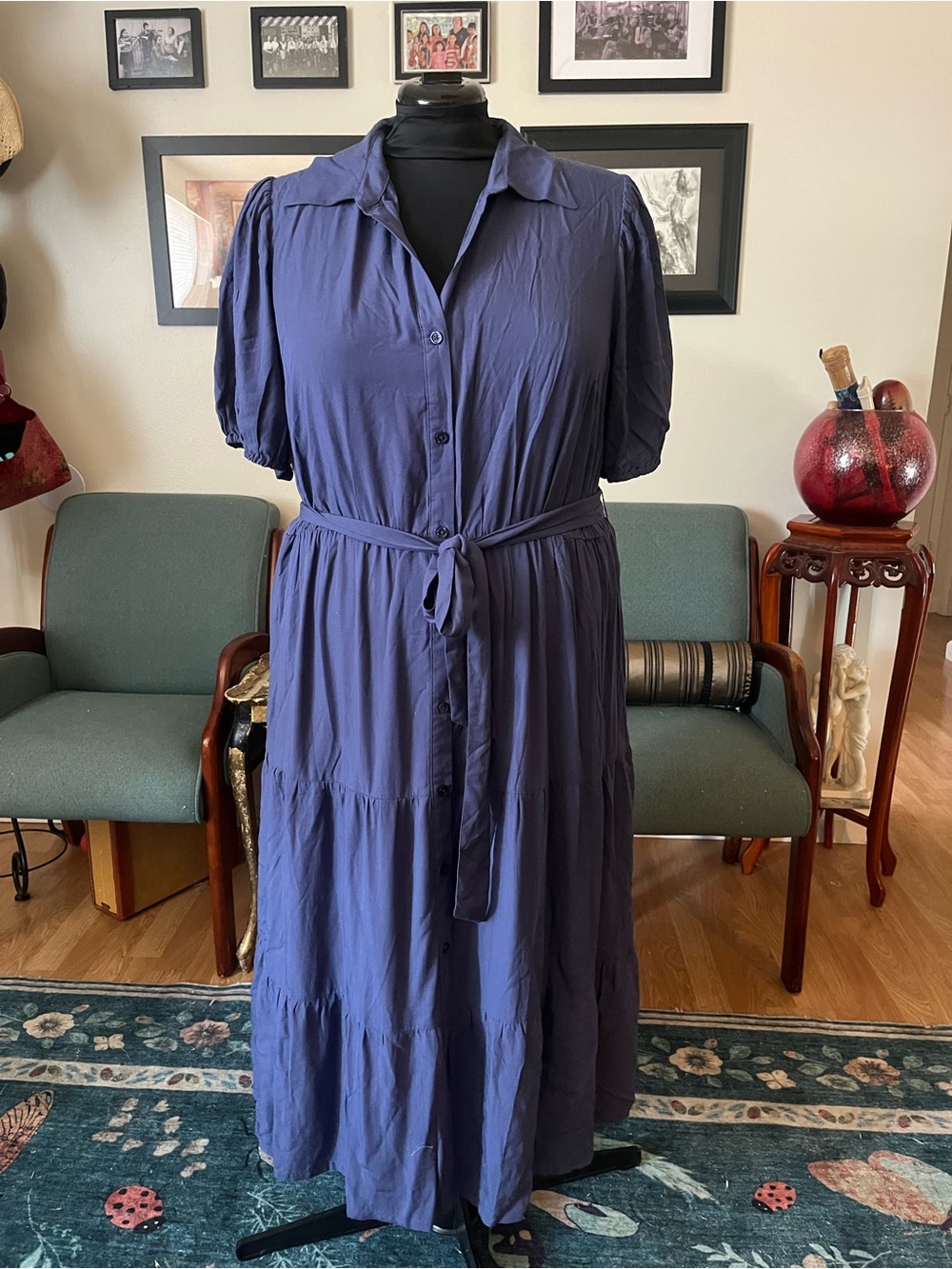 Button-Front Tiered Maxi Dress with Self-Tie Belt in medium Blue